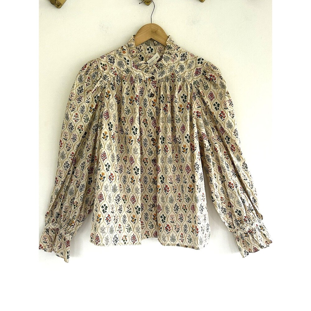 New Entro Garden Party Top Size Large Button Front Ruffle Collar Puff Sleeve - Picture 2 of 9